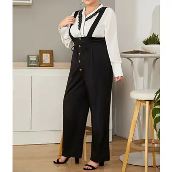 

Plus Size XL-4XL Women Button Bib Pants Fashion Strap Sleeveless Overall Casual Wide Leg Pants Bow Trousers Black Suspender
