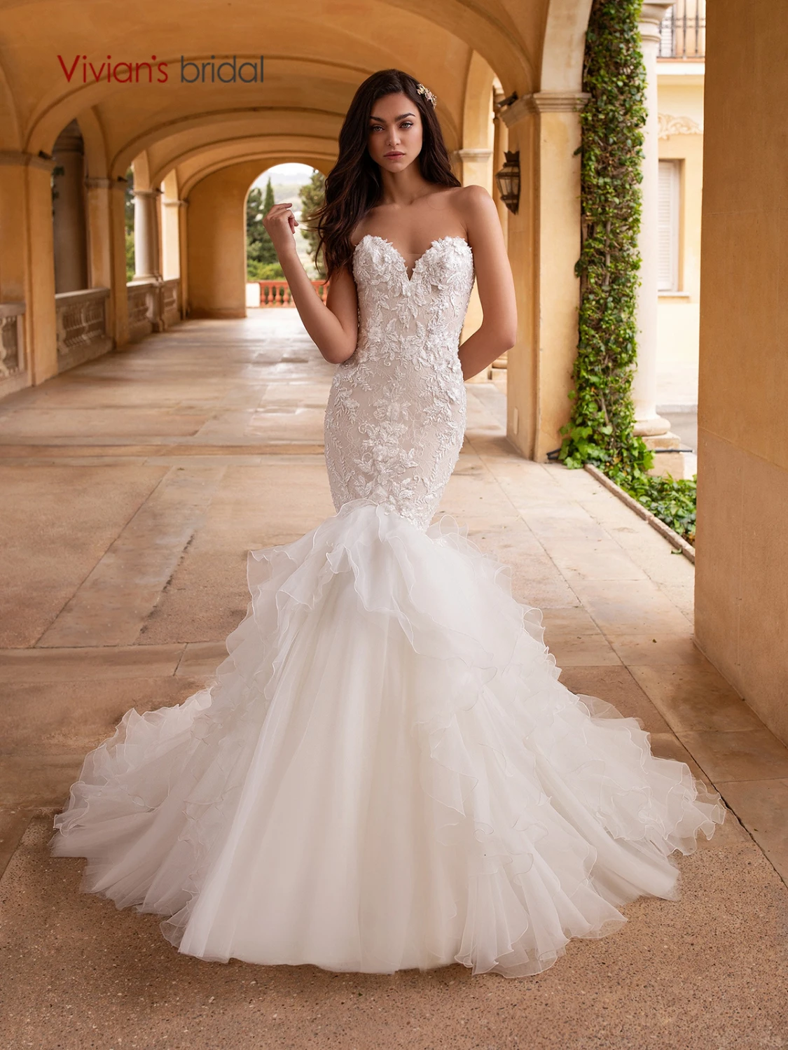 Vivian's Bridal Dreamlike Bohe 3d цветок свадебное платье сексуальное, с лифом сердечком, с открытой спиной бисер кружево Аппликация рюшами Русалка свадебное платье
