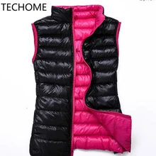 Женский двусторонний жилет на утином пуху, теплая куртка на осень и зиму, ультра-светильник, складываемый пуховик без рукавов, верхняя одежда, портативная S-XXXL
