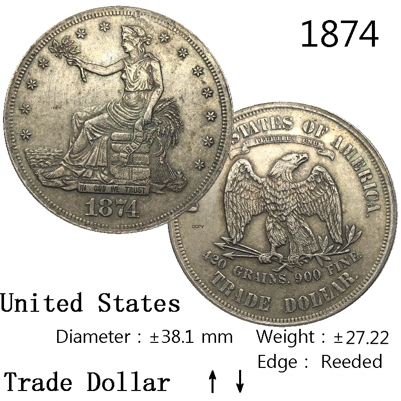 1874 торговля в США 1 доллар свобода Бог мы доверяем девизу 90% серебряная копия