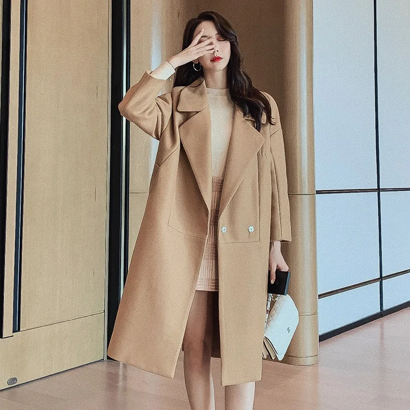 

Womens Wool Coats European Style High Quality Autumn Winter Jackets Slim Woolen Cardigan Long Overcoats