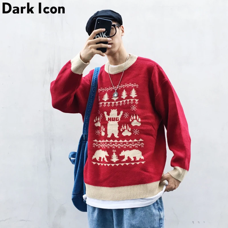 Drak Icon Свободный вязаный свитер с круглым вырезом и рисунком медведя для мужчин Зимний модный Рождественский свитер Мужская одежда