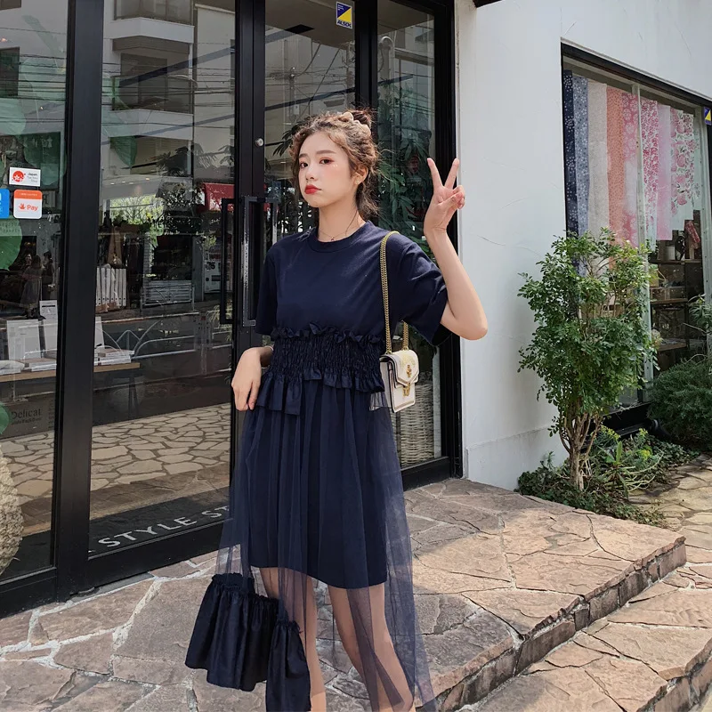 

Photo Shoot 2019 Summer New Style Korean-style Loose Navy Mid-length Crew Neck Splicing Dress Women's