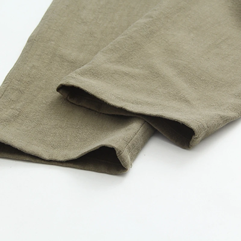 Long Pants Cotton Linen Male Chinese Kung Fu Trousers Men's Casual Straight Military green Tai Chi Clothing Elastic Waist
