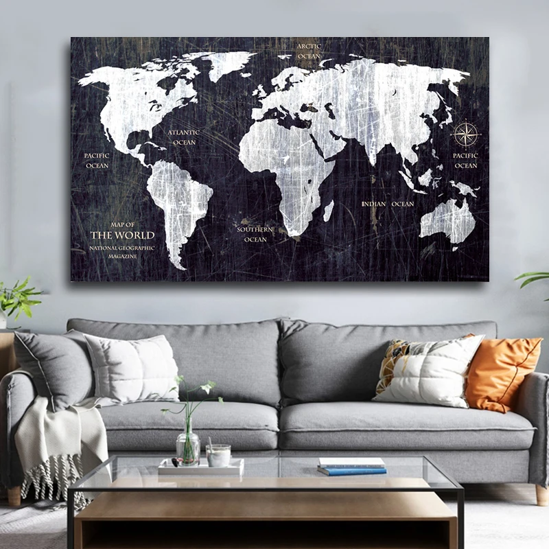 Vintage HD WORLD MAP Canvas Painting Printing Poster Wall Pictures For Living Room Black Map Decorative Art Home decor