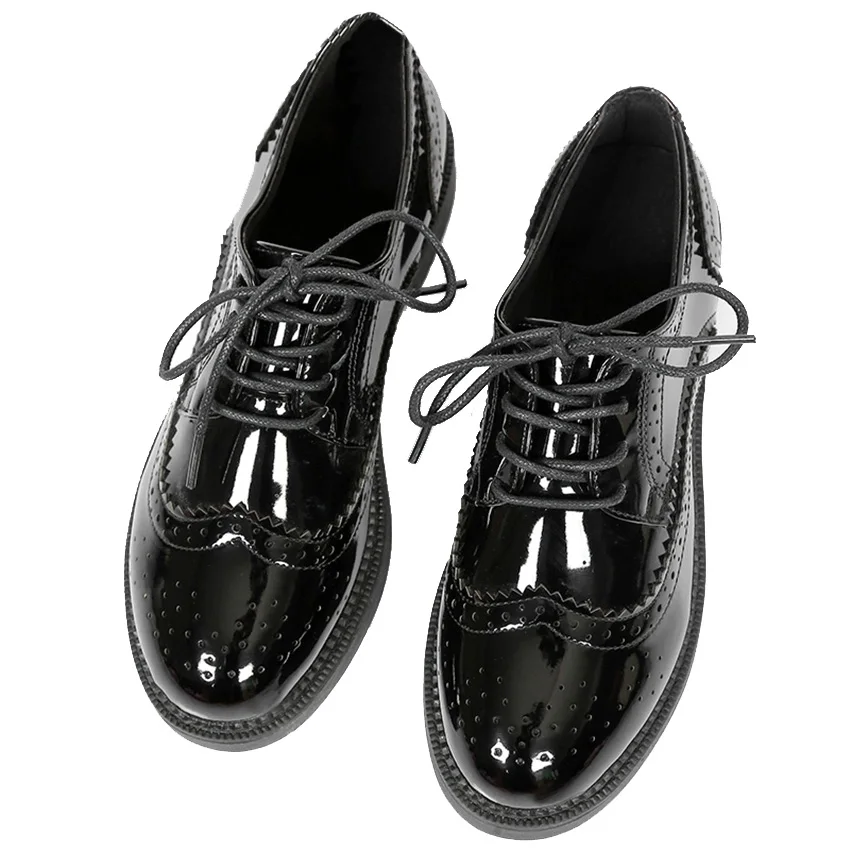 EOFK/женские туфли-оксфорды; женская обувь на плоской подошве; сезон осень-весна; женские Кожаные броги; полностью черные офисные туфли-Дерби на плоской подошве; женская обувь - Цвет: brogue shinny black