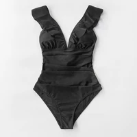 CUPSHE Solid Black Ruffled One-piece Swimsuit Women Sexy Lace Up Monokini Swimwear 2021 New Girl Beach Bathing Suits 4