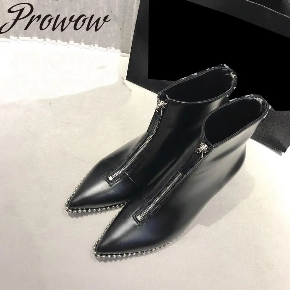 

Prowow New Genuine Leather Metal Studded Ankle Boots Sexy Pointed Toe HIgh Heel Runway Fashion Boots Shoes Women