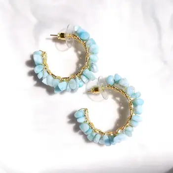 

LiiJi Unique Natural Stone Blue Larimar Coral Stud Earrings For Women Bohemian Geometry Statement Earrings Party Gifts Jewelry