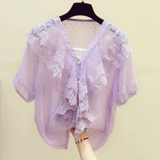

Very Fairy Lace Ruffled V-neck Short Sleeve Shirt Female 2020 Summer Top New Korean Syle Casual Purple Lace Shirts Blouse Blusa