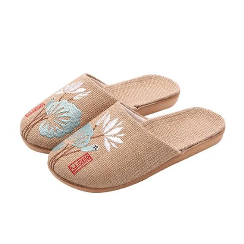 

Wrapped head embroidered Japanese linen slipper Summer men and women home seasons breathable shoes Non-slip linen slides Couples