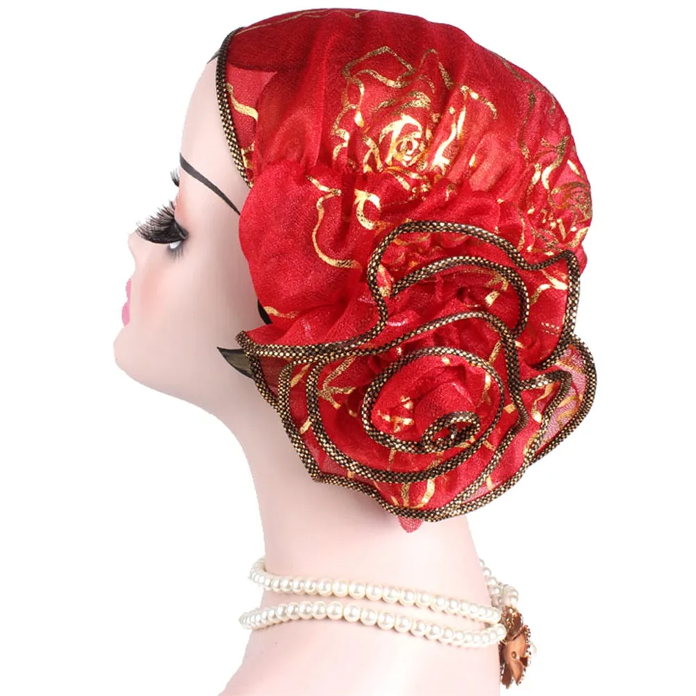 HT2994RD Muslim Fashion Women's Hijabs Headscarf Pile Heap Cap Women Able Caps Islamic Bronzing Flower Turban Hat - Цвет: HT2994RD