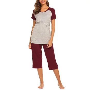 

Women Cotton Blend Tops 3/4 Pants Hospital Adjustable Size Home Sleepwear Elastic Casual Nursing Pajama Set Summer Short Sleeves