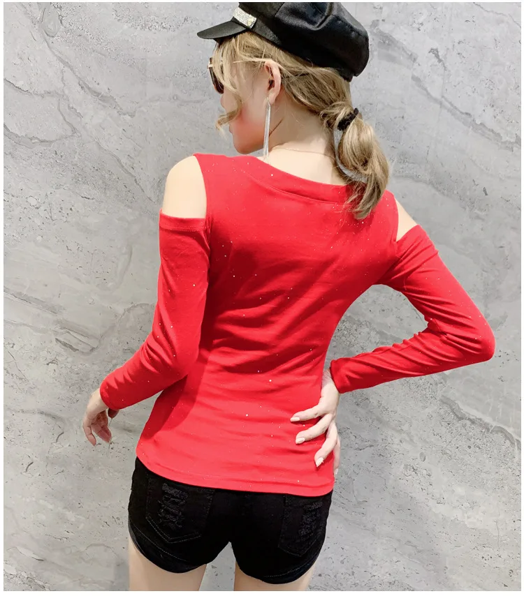 3725 Black Red Green Off Shoulder T Shirt Women Slim V Neck Sexy T-shirt Nightclub Tee Shirt Femme Stretch Pleated Top Summer