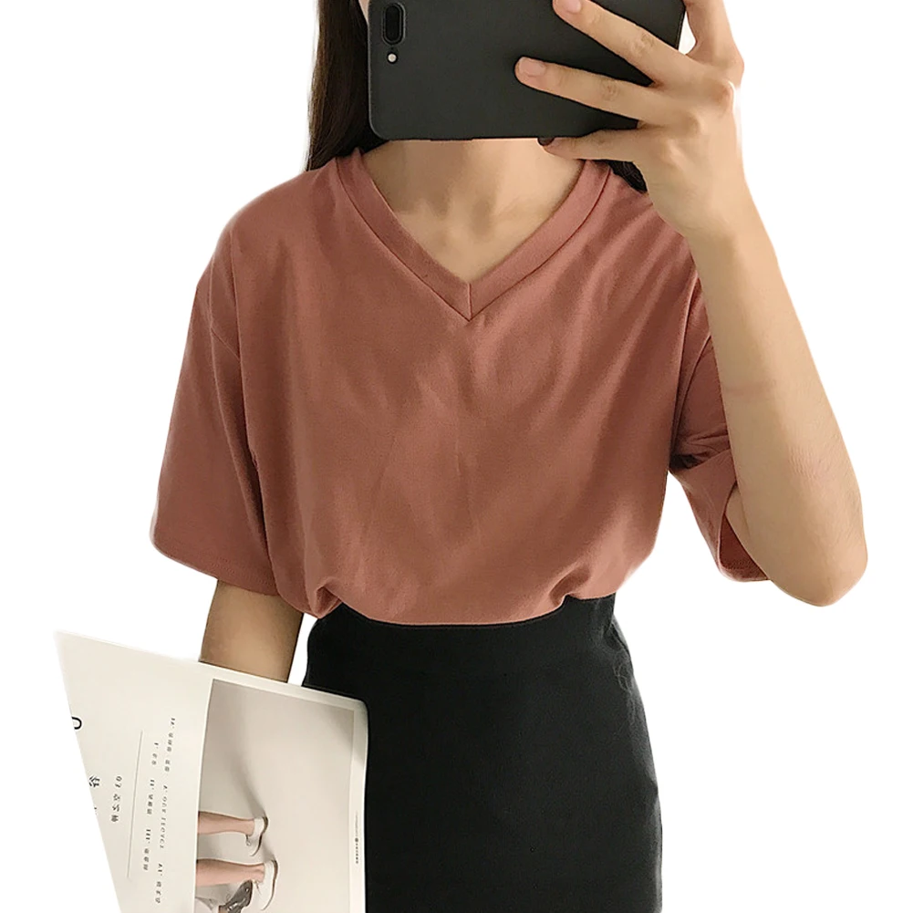 V Neck Хлопок, лен, шикарный женский топ, летняя Минималистичная футболка, свободная однотонная, круглый вырез, короткий рукав, тонкий, для студентов, школьные Топы - Цвет: V Neck