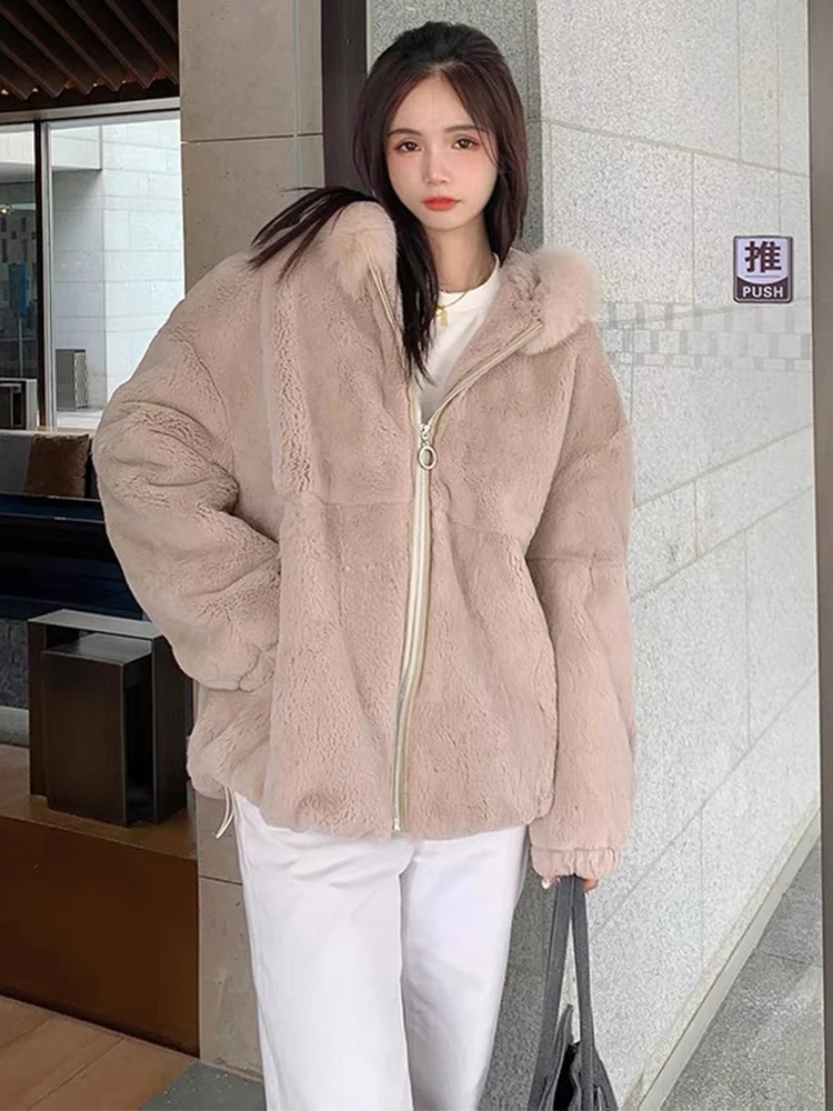Hot Sale Women Winter Warm Soft Solid Thick Real Rex Rabbit Fur Hooded Real Fox Fur Collar Long Oversize Loose Fur Outerwear