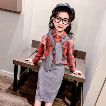 

Kids Clothing Set Teen Girls Clothes Children Costume Spring Autumn Fashion Plaid Shirt Shawl Skirt Suit for Baby Girls Outfits