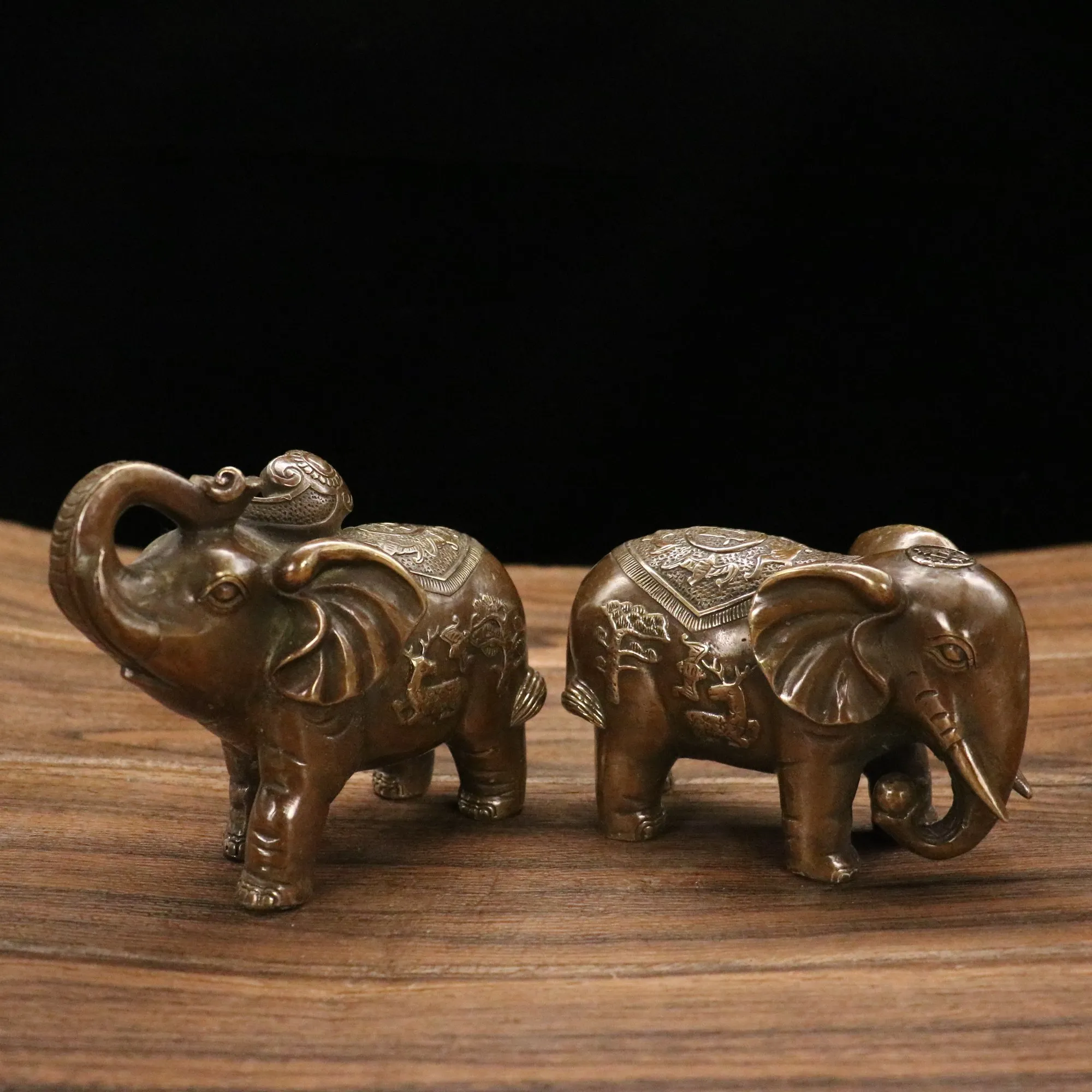 

6"Tibetan Temple Collection Old Brass Elephant statue A pair Wealth Lucky Gather wealth Office Ornaments Town House Exorcism