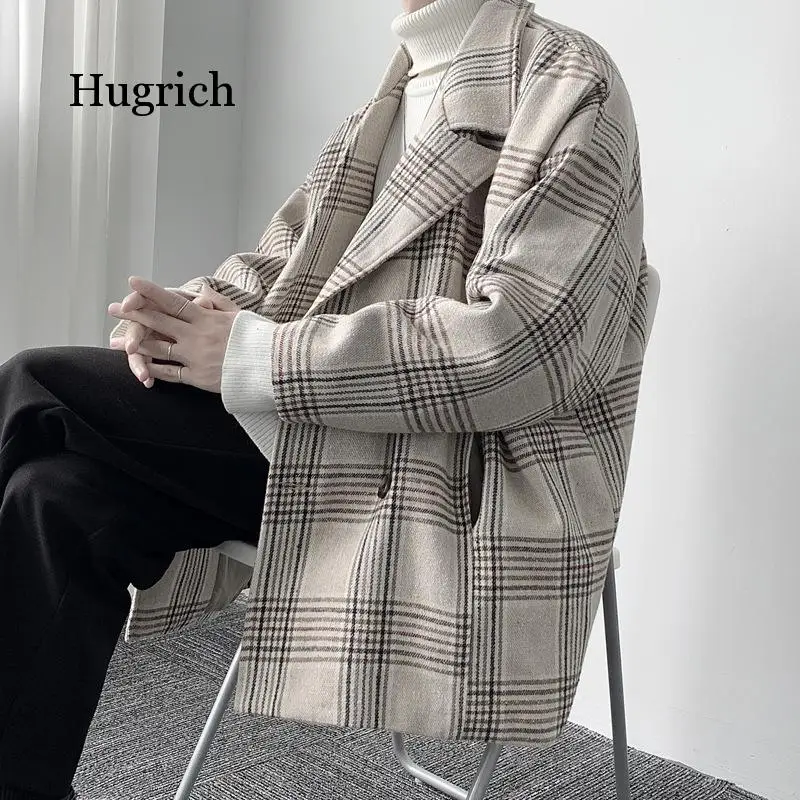 Plaid Windbreaker Men's Korean Loose Tweed Men's Autumn and Winter Woolen Coat