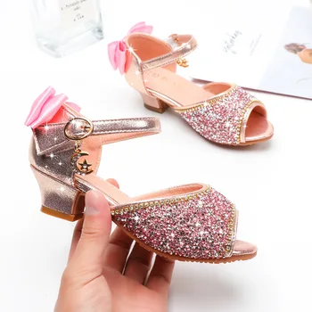 

Girls Sandals Glitter Children's Performance High-heeled Princess Dance Shoes Sequins Rhinestone Students Bow Shoes