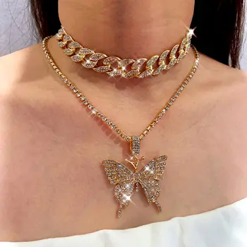 

Flatfoosie Bling Crystal Butterfly CZ Pendant Necklace For Women Cuban Link Chain Choker Necklace Fashion Luxury Jewelry Gifts
