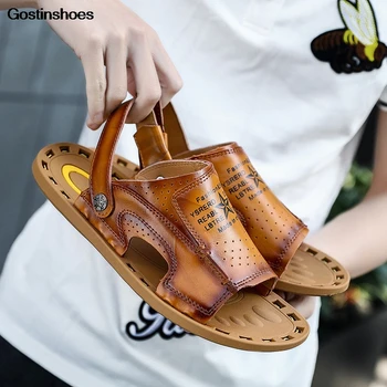 

Sandal Mens Cow Leather Sandals Summer Beach Shoes Full Grain Leather Casual Sandles Mens Sandel For Men