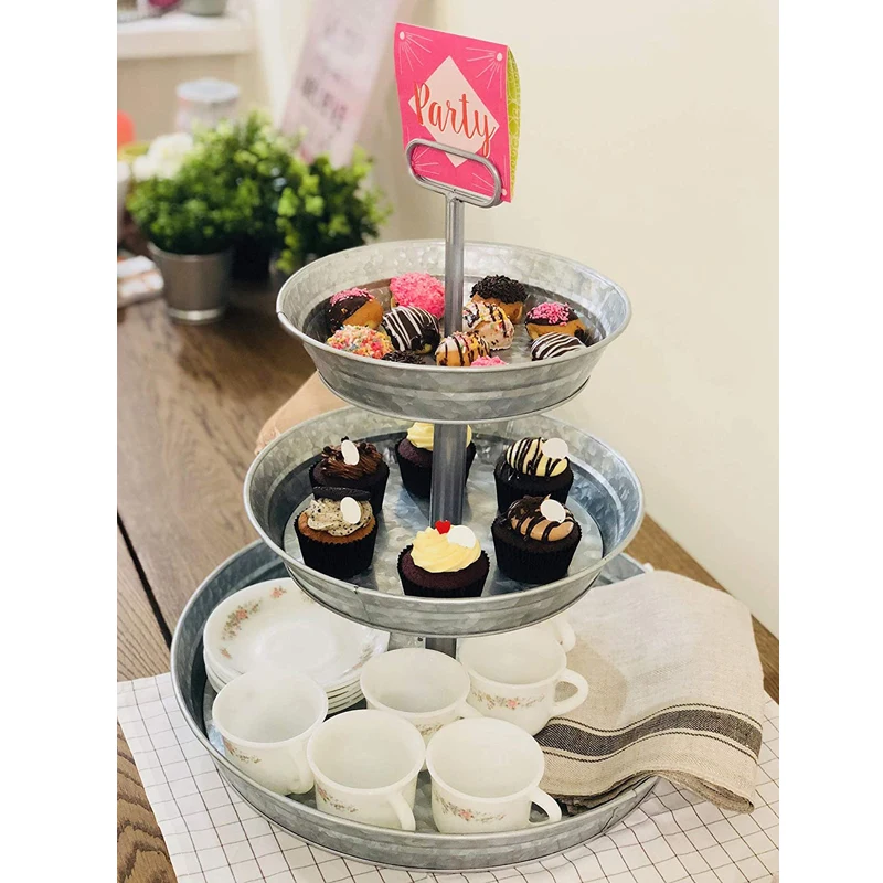 3 Tier Cake Stand Galvanized Metal Serving Tray Plant Dessert Cupcake Fruit Tiered Platter Vintage Decor for Home Party Kitchen