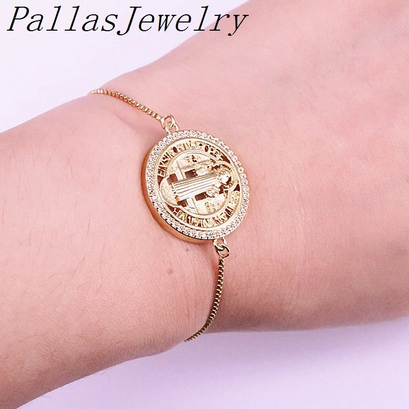 

10Pcs Copper Jesus Round Connector Bracelet Pave CZ Chain Fashion For Women/Men