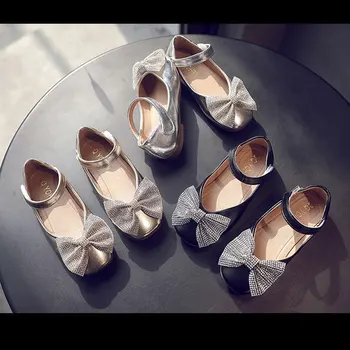 

Kids Bowtie Casual Shoes Soft Sole Flat PU Leather Shoes Princess Moccasin Spring Summer Light-weight Black Dress Shoes #26-35