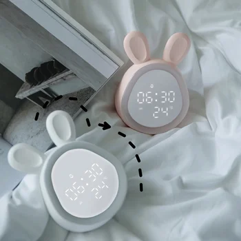 

Cute Rabbit LED Alarm Clock Digital Desktop Clock Wake Up Light Electronic Time Temperature Display Home Decoration