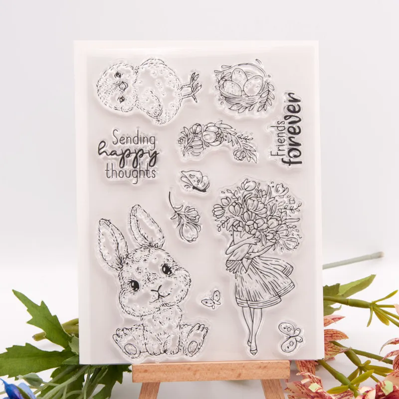 Happy Easter Stamp and Dies 2021 Cute Rabbit Bird Clear Stamps Metal