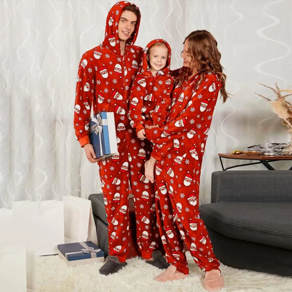 

2020 Family Parent-child Costume Santa Claus Pattern Zipper Closure Long-sleeved Hooded Jumpsuit