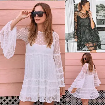 

Womens Bikini Cover Up Dress 2020 Summer Holiday Beach Dress Polka Dot Bathing Suit Swimwear Swimsuit Sheer Mesh Sundress