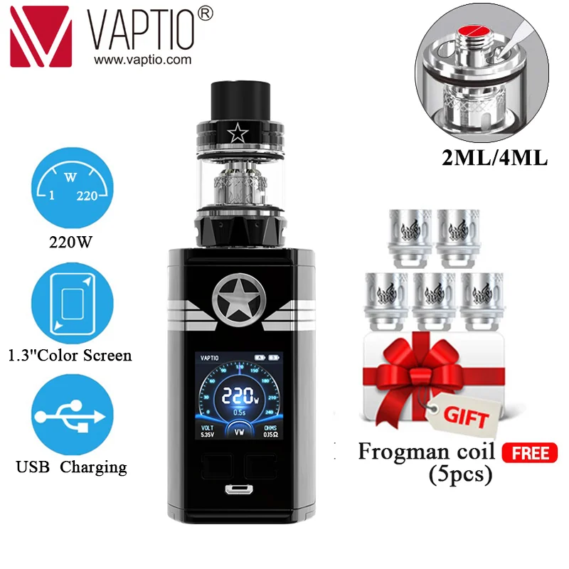 

Vape kit box mod Vaptio CAPT'N Kit 2.0ml/4.0ml Top filling 220w Fitted 510Thread Tank Electronic Cigarette