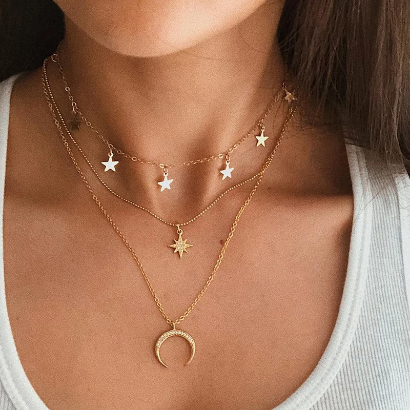 

Fashion Necklaces Boho Retro Crystal Star Moon Pendant Gold Multilayer Necklace Women Charm Party Wedding Jewelry Accessories
