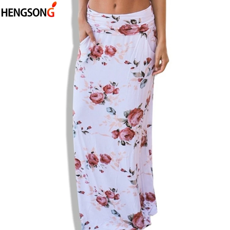 Boho Women Pocket Casual Beach Long Skirt Flower Printed Maxi Skirts Elastic Waist Faldas Saia Drop Shipping Boho Women Pocket Casual Beach Long Skirt Flower Printed Maxi Skirts Elastic Waist Faldas Saia Drop Shipping