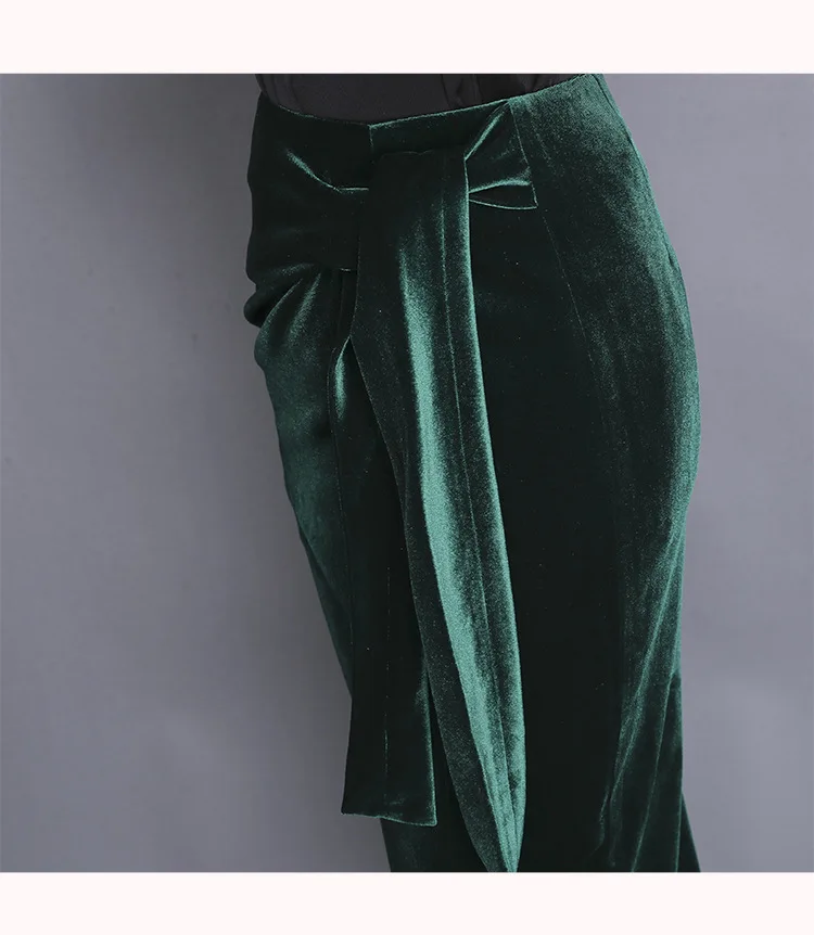 Сексуальная Длинная эластичная плиссированная юбка с высокой талией и разрезом, Женская юбка-карандаш средней длины с поясом, осенне-зимняя Золотая Бархатная ретро юбка OL 3572LY