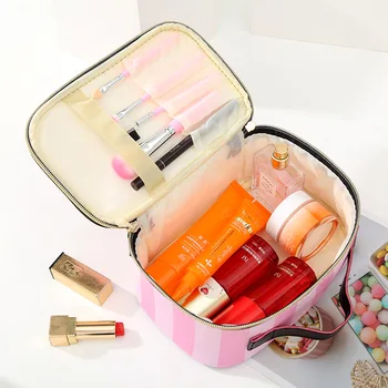 

Portable Women Cosmetic Bag Fashion Striped Travel Makeup Bag PU Organizer Beauty Suitcases Toiletry Handbag Cosmetics Case 1pcs