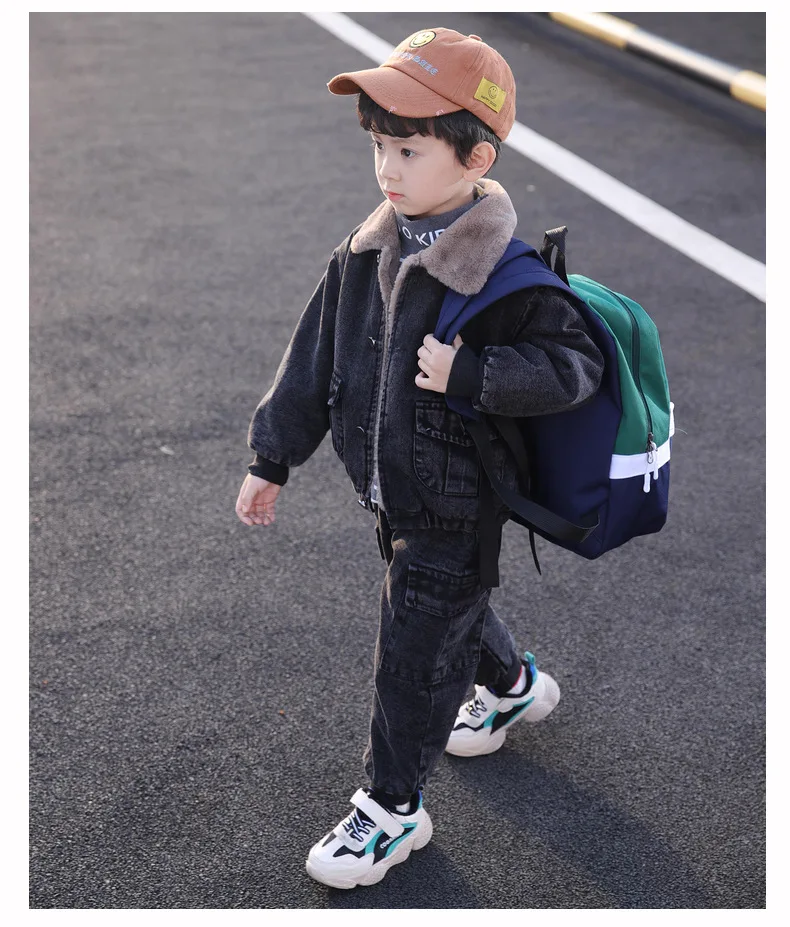 Взрывные модели, одежда для детей 5-10 лет, зимняя джинсовая куртка для маленьких мальчиков, штаны, модный вельветовый джинсовый костюм из двух предметов