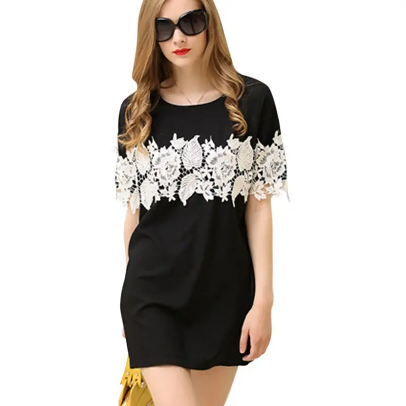 

Summer Dress Women Sexy All-match Lace Decor Round Collar Color-blocked Short Sleeve Plus Size Dresses vestidos de verano