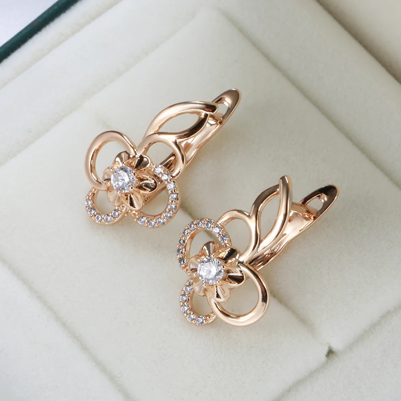 Kinel Trend Cute Hollow Flower 585 Rose Gold Color Natural Zircon Drop Earrings for Women Creative Fashion Girls Daily Jewelry