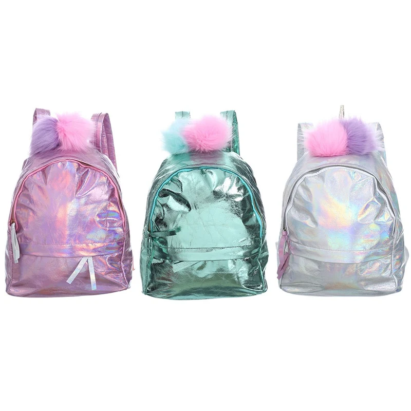 1 PC PU Laser Unicorn Backpack Cute Fur Ball Children Double Shoulder Bag Women Travel Backpack Dropship New Arrival Wholesale