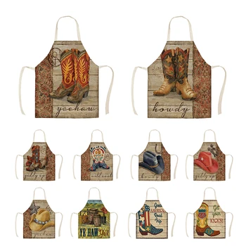 

Linen Cowboy Shoes Hat Pattern Print Kitchen Aprons Unisex Dinner Party Cooking Bib Funny Pinafore Cleaning Apron WQC248