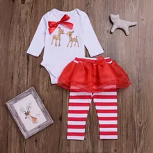 my first christmas girl Newborn Infant baby Girls winter clothing Christmas Deer longsleeve Bow Romper Stripe Mesh Pants Outfits