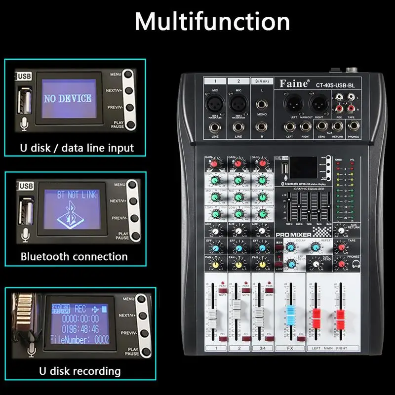 LEORY Profissional bluetooth 4 канала смесителя DJ контроллер с USB светодиодный Экран металлический DJ Mezclador диджейский пульт Беспроводной для аудио