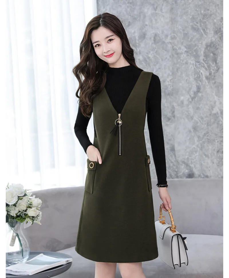 2020 New Elegant Woolen Dress Women Autumn Winter Slim Vest A-Line Women's Dresses Vestidos Knitted Sweater Suit WXF667 | Женская