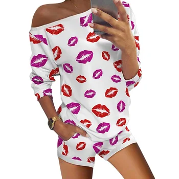 

2020 Summer Tie-dye Printing Two-piece Pajamas Home Nightwear Word Shoulder Long-sleeved T-shirt Shorts Suit Pyjamas Women