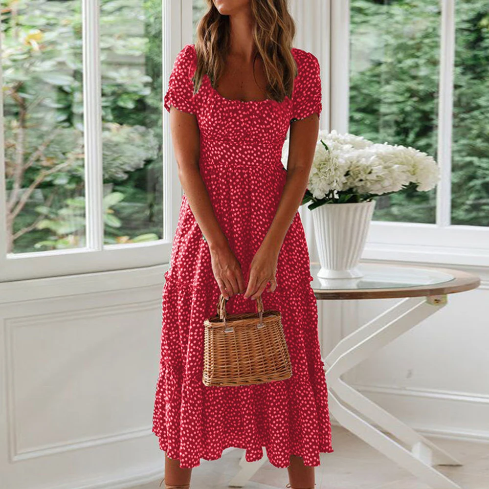 2020 Women Summer Dress Women Casual Bohemian Short Sleeve Square Neck Wrap Boho Maxi Dress Female Vestidos Plus Size Robe