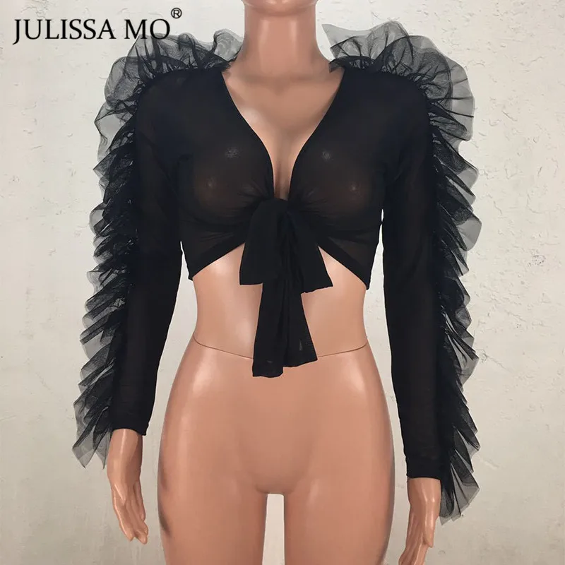 JULISSA MO перекрестный бандаж сексуальный сетчатый кроп Топ для женщин Элегантный оборками кружево до Укороченная рубашка Женский Прозрачный короткий праздничные безрукавки