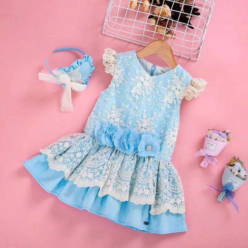 Cutestyles/синее платье с цветочным рисунком для девочек на день рождения многослойное кружевное летнее платье для девочек с лентой на голову эксклюзивная детская одежда EG-DMGD203-27